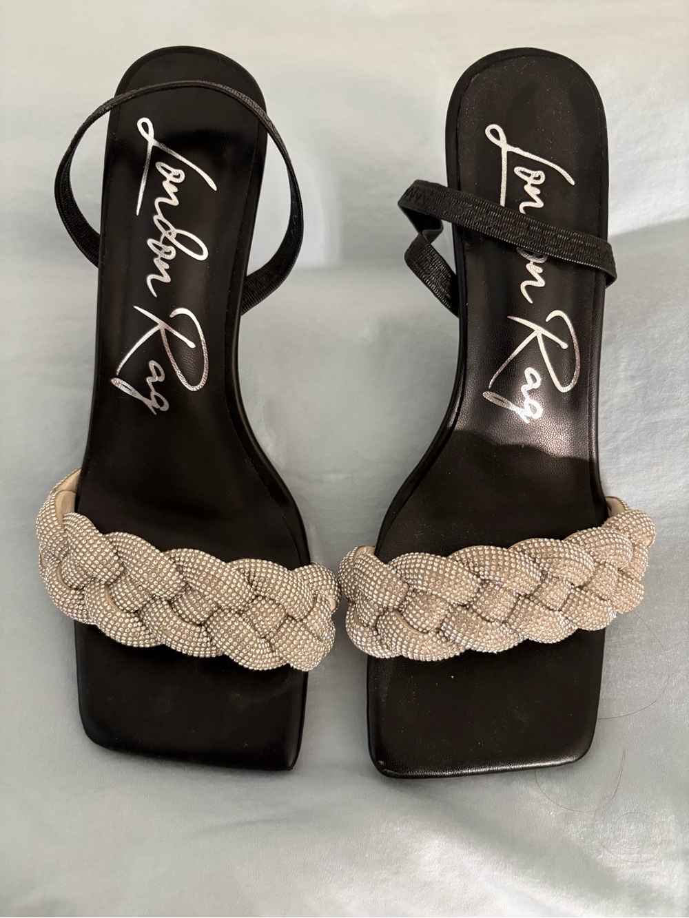 London Rag Rhinestone Braided Heels – Size 8 – Black Square Toe Glam Heels